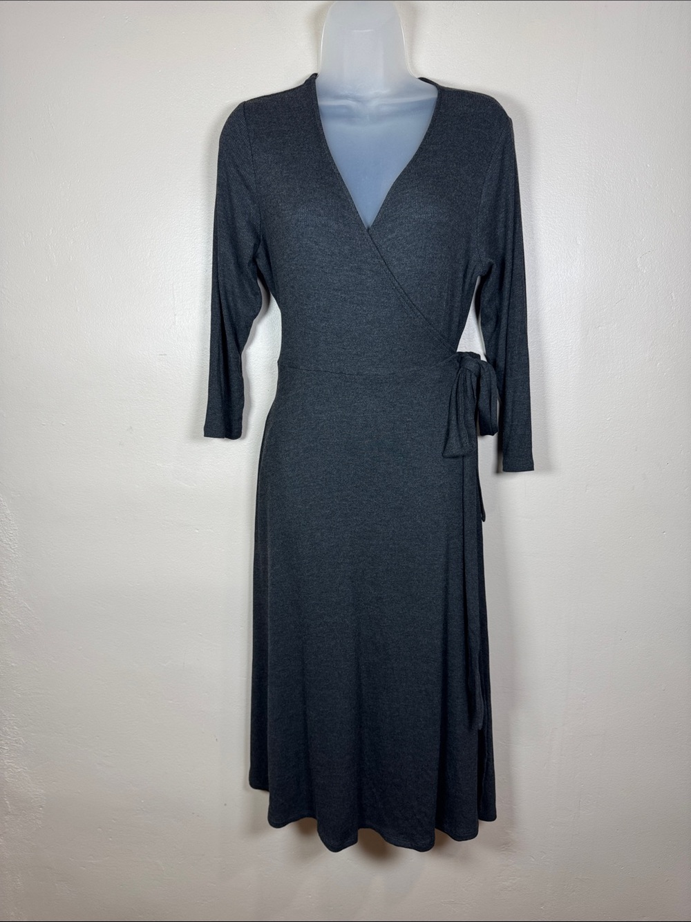J. Jill Womens Wrap Midi Dress Rib Knit Stretch Long Sleeve Quiet Luxury S Gray